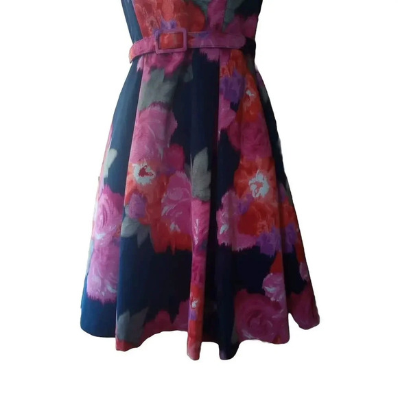Eliza J Floral Mini Halter Dress Sz 6 Navy Pink Belted Fit In Flare Pockets - Picture 6 of 14